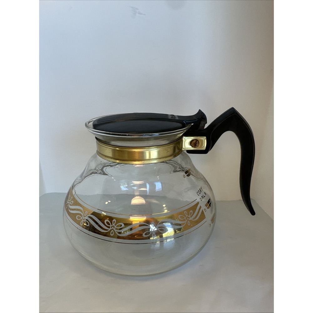 Vintage 1950s Glass Cory Coffee Carafe With Bakelite Lid And Handle 8 Cups Gold